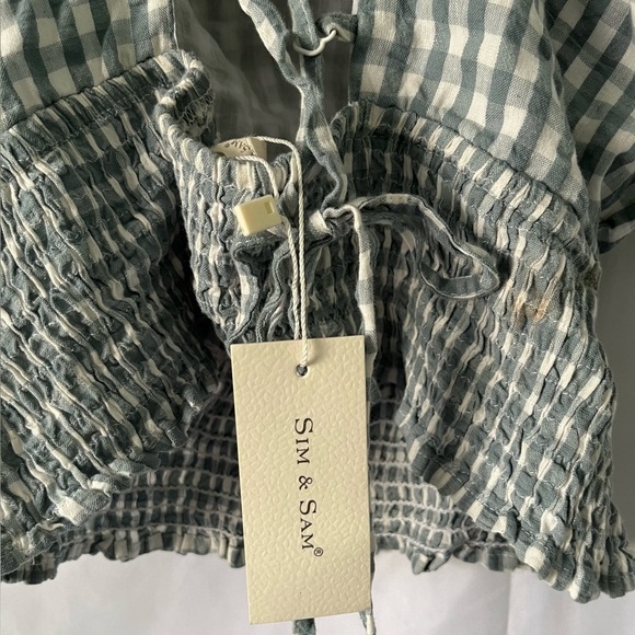 NWT Sim & Sam Top Women’s M Puff Sleeve Green White Corset Back Corset Stretch - Picture 3 of 4